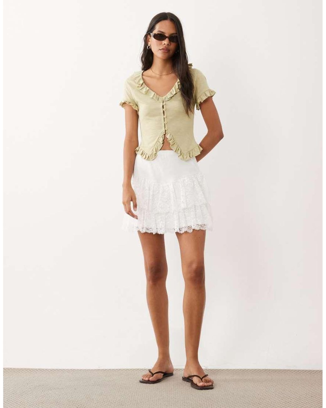 Miss Selfridge Natural V-Neck Button Through Ruffle Top