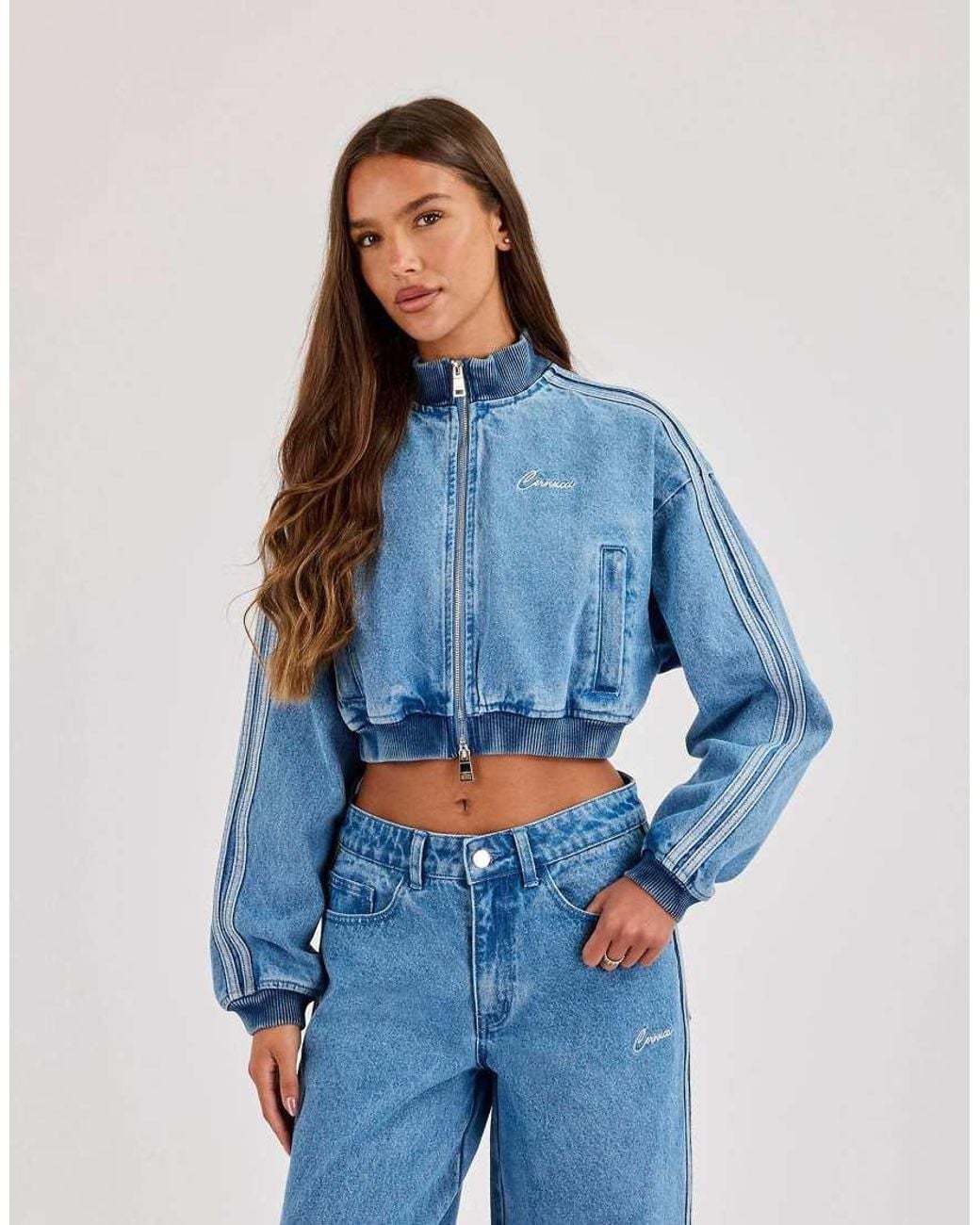 CERNUCCI Blue Denim Taping Bomber Jacket