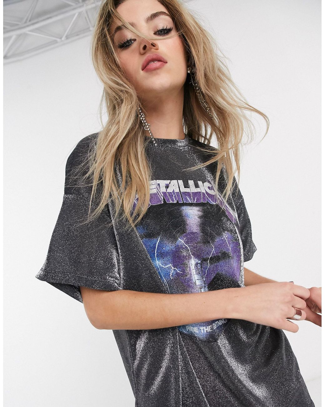 Bershka Synthetic Metallica Glitter Oversized Rock Tee in Black | Lyst