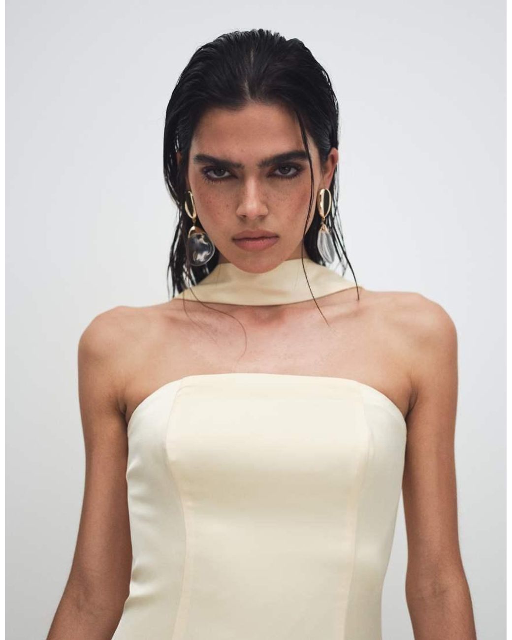 Kaiia White Exclusive Satin Scarf Detail Bandeau Godet Hem Maxi Dress