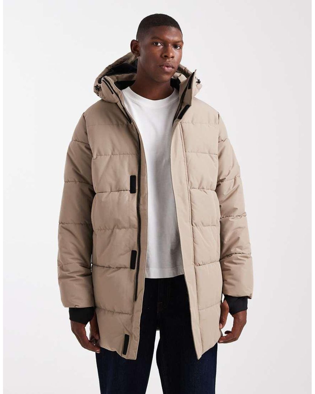 Only & Sons Natural Waterproof Longline Puffer Coat With Hood for men