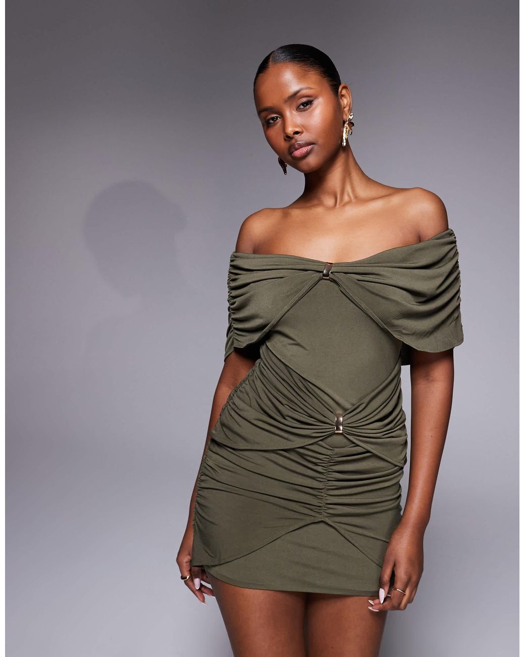 Ruched & Ready Gray Sculpted Off Shoulder Gold Hardware Ruched Drape Detail Bodycon Mini Dress