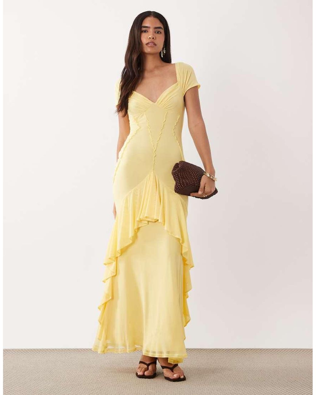 ASOS Natural Mesh Ruffle Maxi Dress
