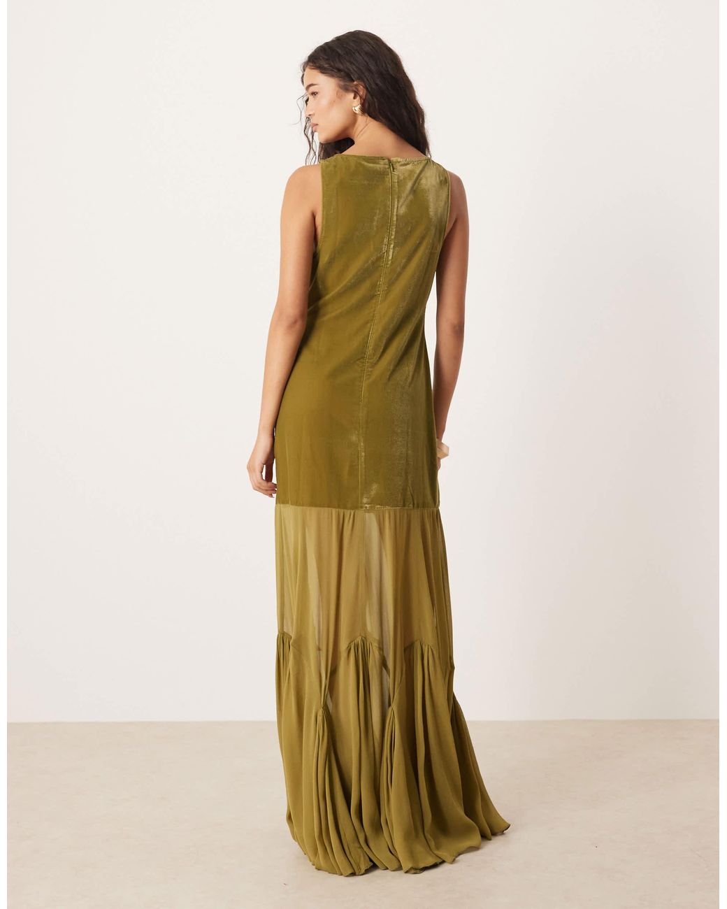 ASOS Drop Waist Velvet Maxi Dress With Sheer Godet Skirt in Green | Lyst