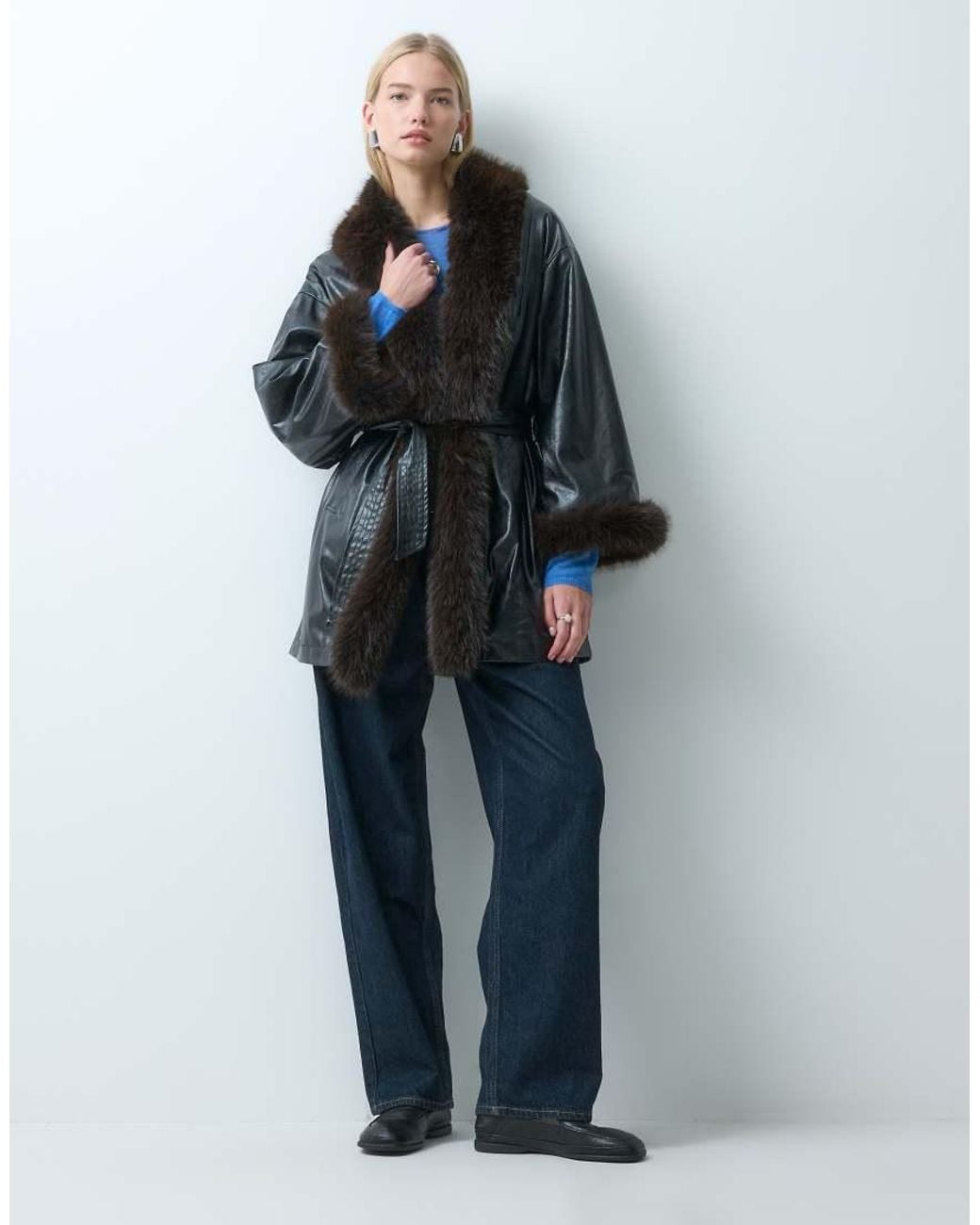 laagam Blue Oriane Fur Trim Belted Short Coat