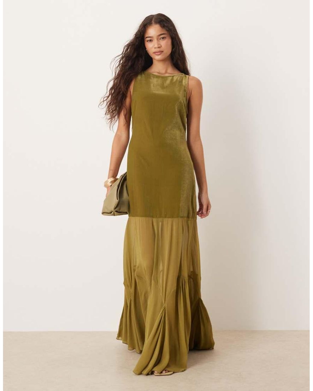 ASOS Green Drop Waist Velvet Maxi Dress With Sheer Godet Skirt