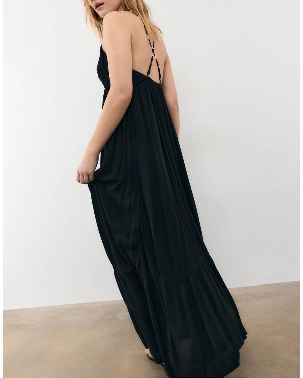 Stradivarius Blue Long Crepe Dress With Beading Straps