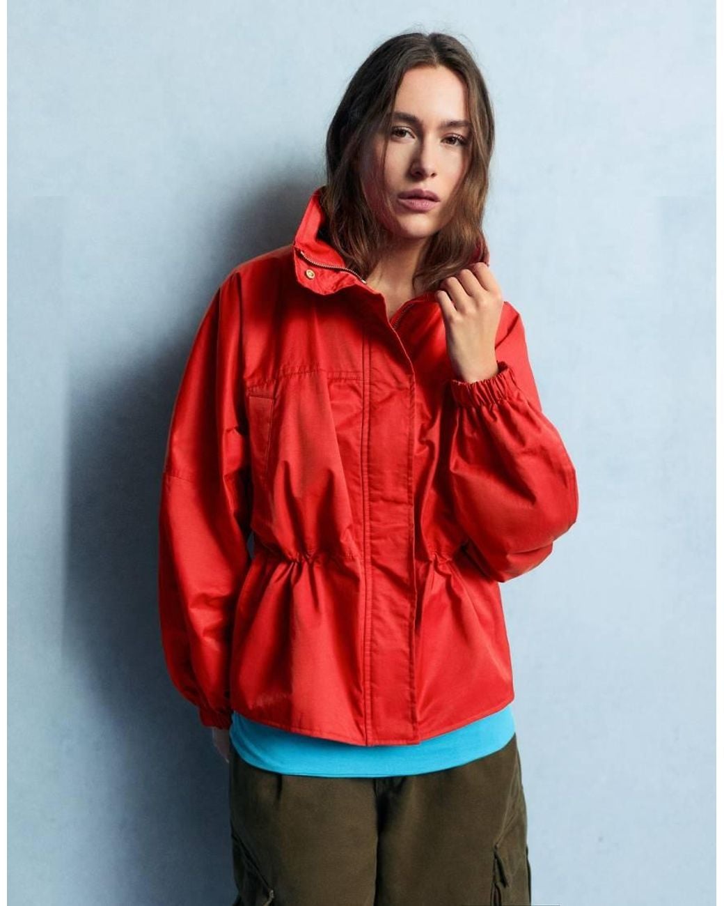 Pull&Bear Red Drawstring Funnel Neck Waist Jacket