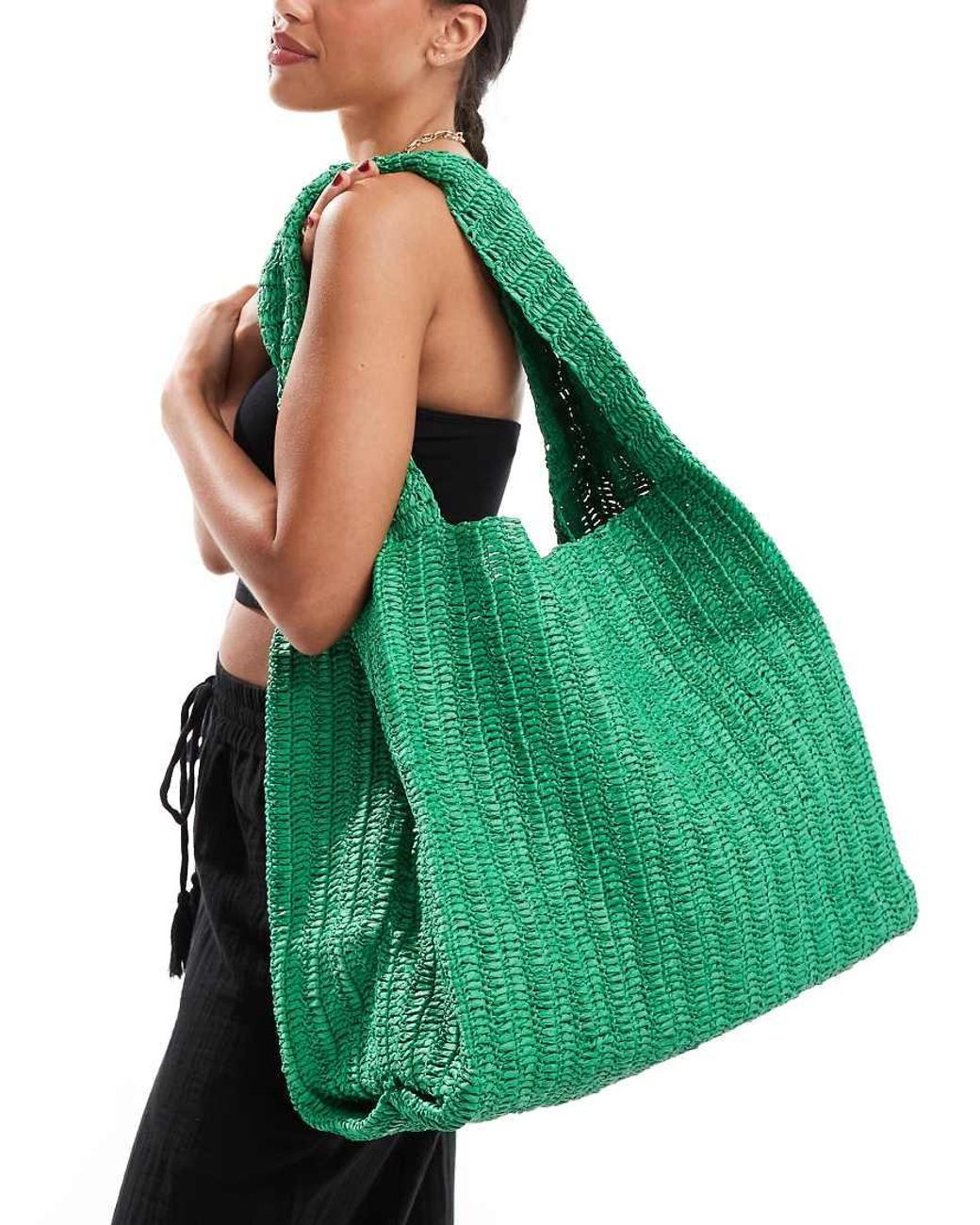 Mango Slouchy Raffia Bag in Green | Lyst UK