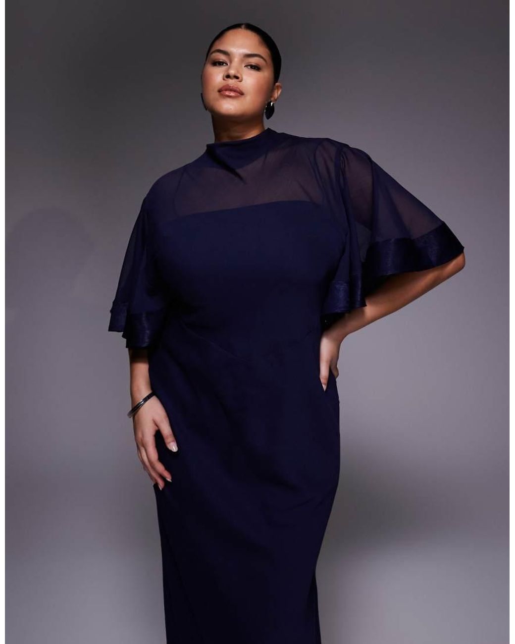 ASOS Blue Asos Design Curve Half Wide Sleeve Column Chiffon And Satin Contrast Dress