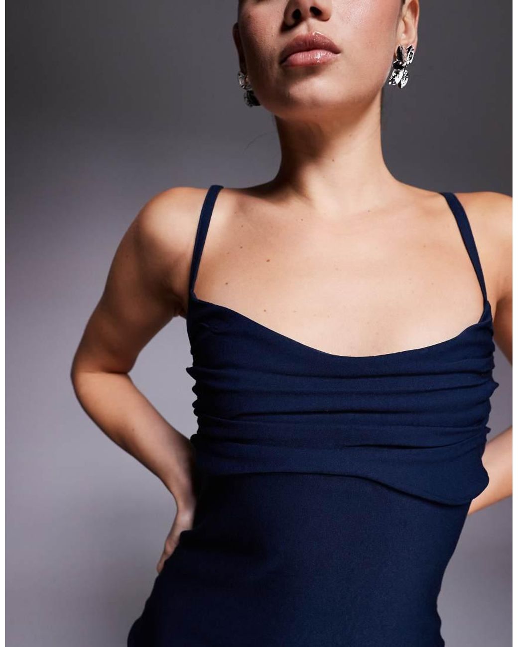 Vesper Blue Bengaline Cami Strappy Ruched Bust Midaxi Dress