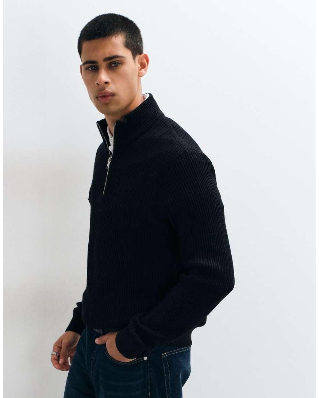 Jack & Jones Blue Fine Rib Quarter Zip Jumper for men