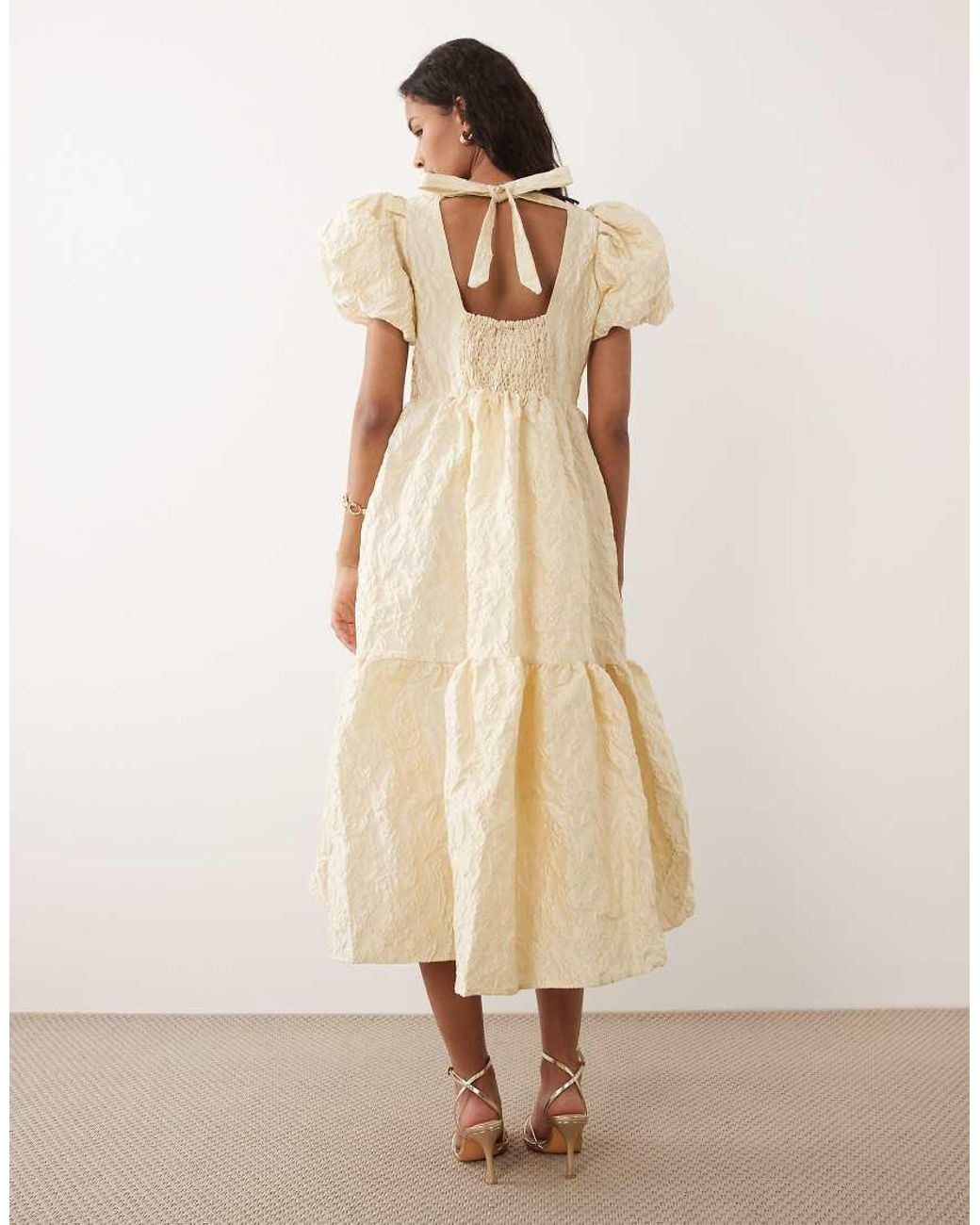 Sister Jane Natural Yarrow Jacquard Puff Sleeve Tiered Midi Dress