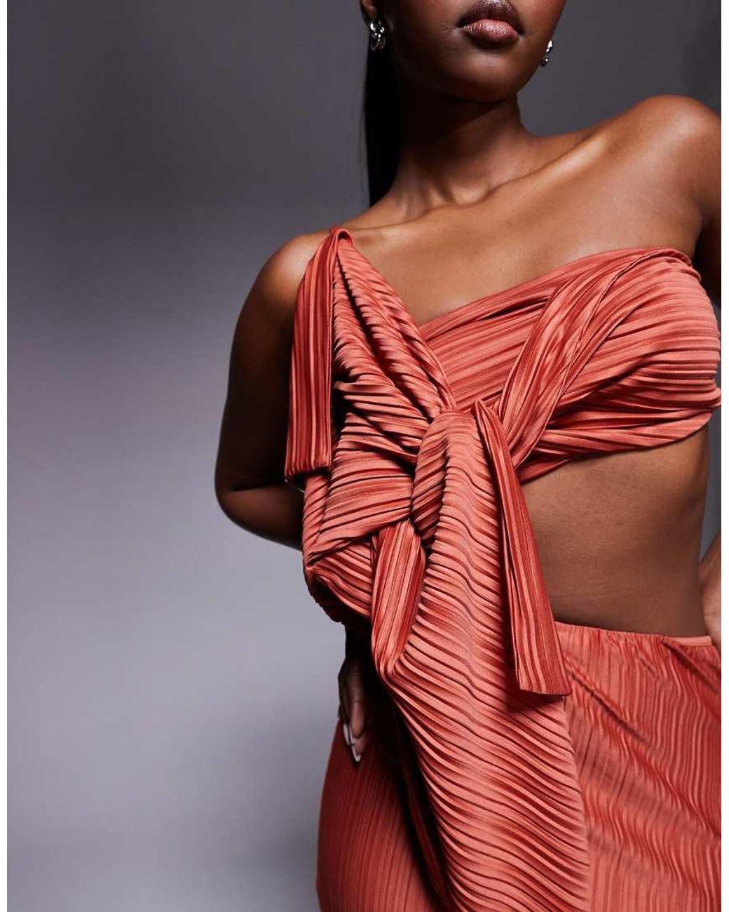 ASOS Red Plisse Cut Out Bandeau Maxi Dress With Twist Detail