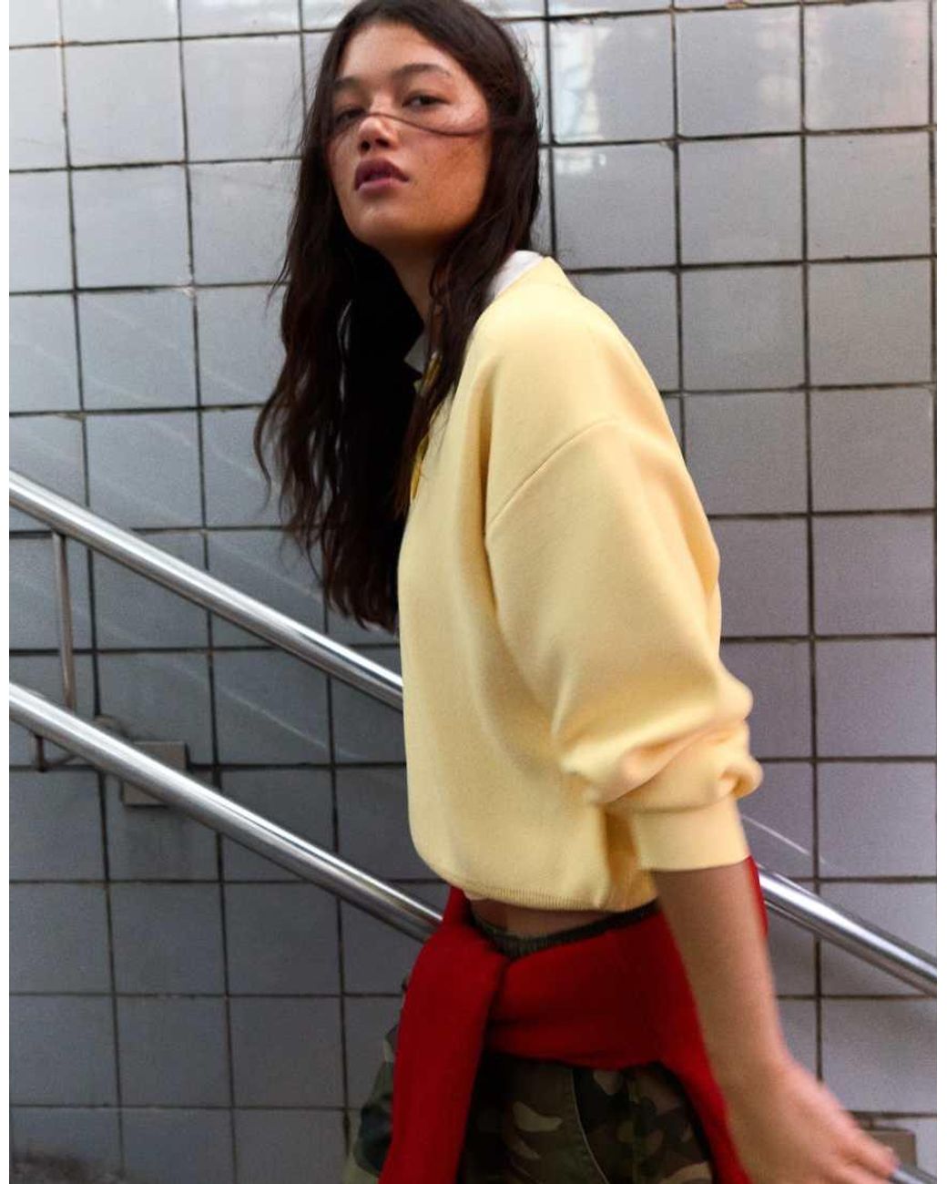 Bershka Yellow Oversize Polo Collar Jumper