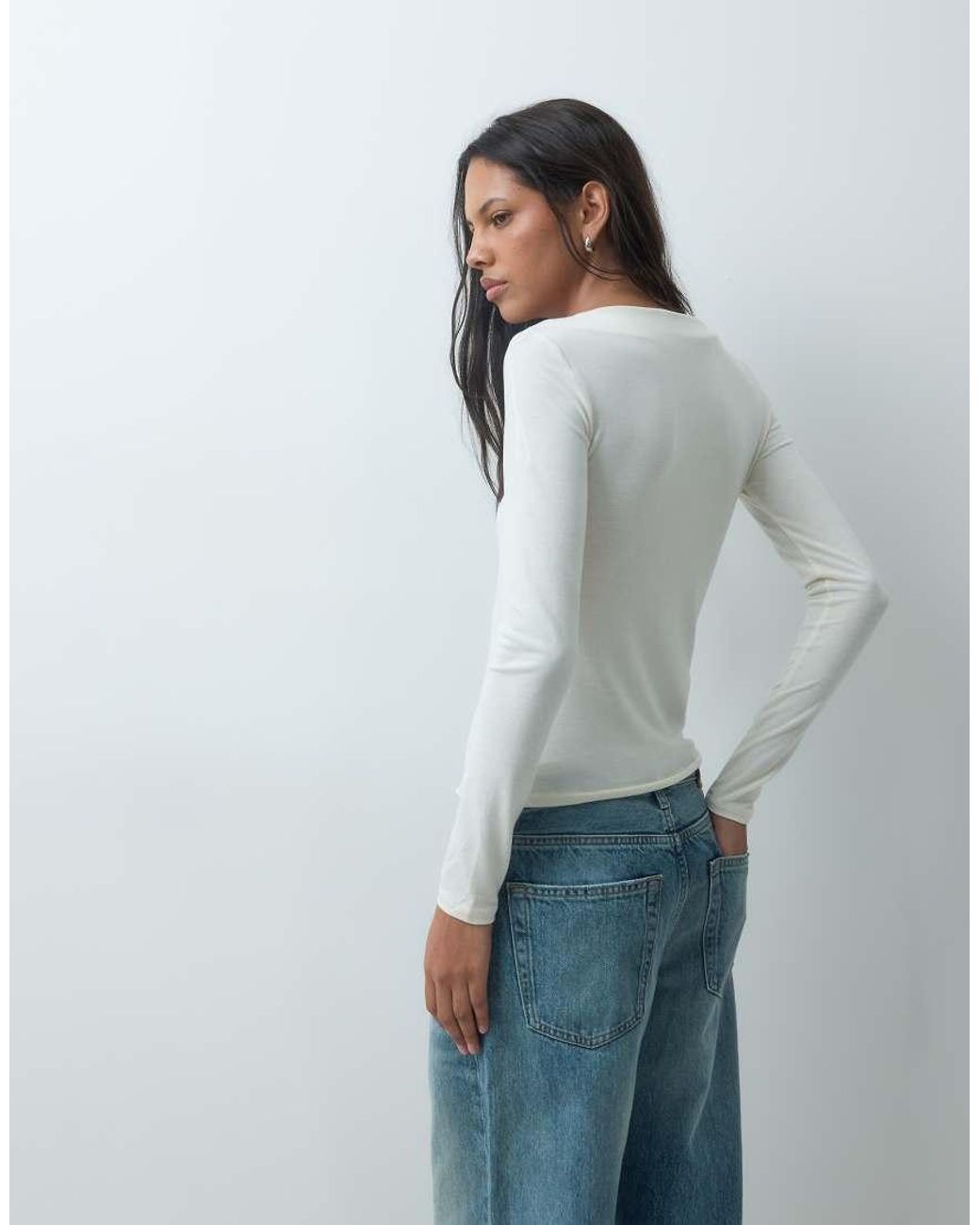 Mango Gray Square Neck Long Sleeve T-Shirt