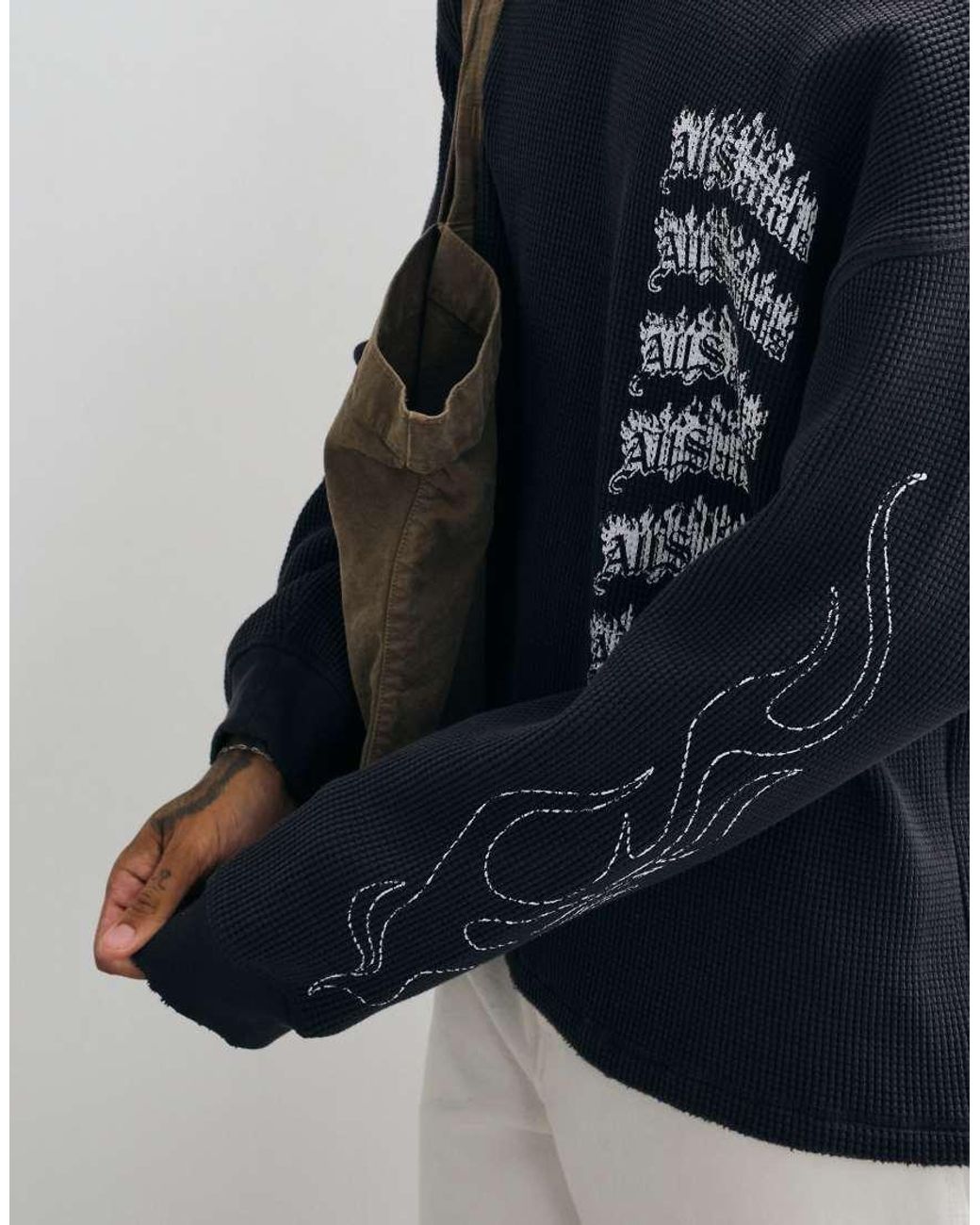 AllSaints Blue Incendo Long Sleeve Graphic Logo Waffle T-Shirt With Back Print for men
