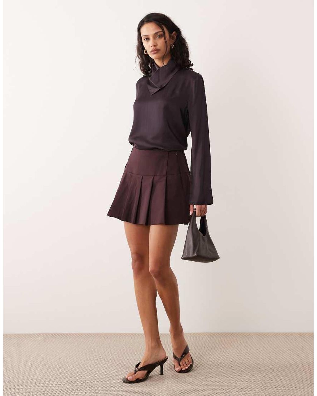 Mango Brown Capsule Satin High Neck Long Sleeve Blouse