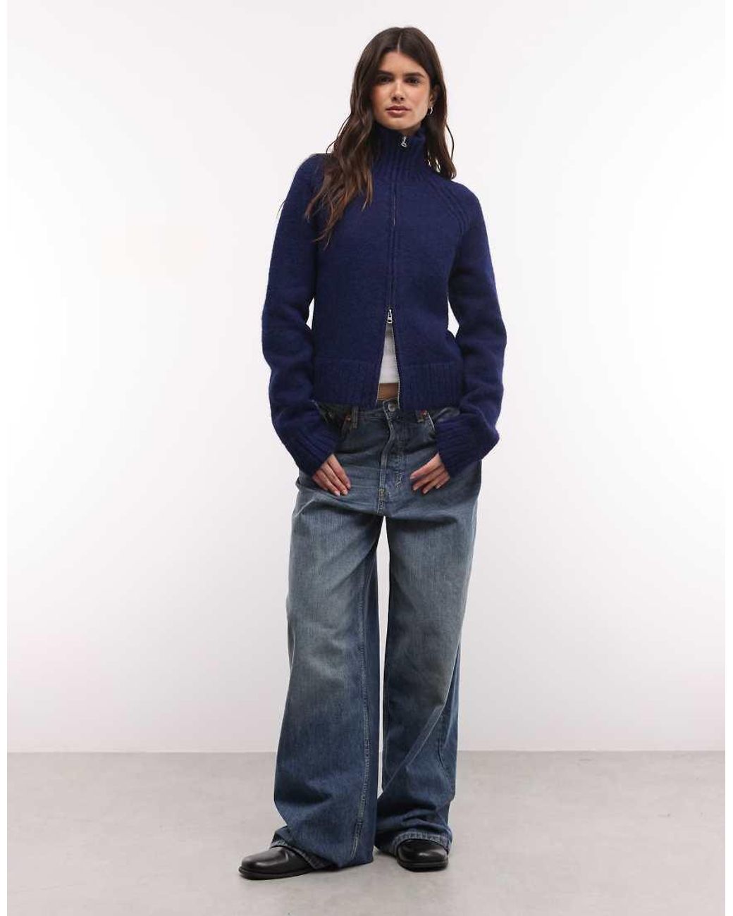 Weekday Blue Wool Blend Hairy Knit Zip Through Cardigan