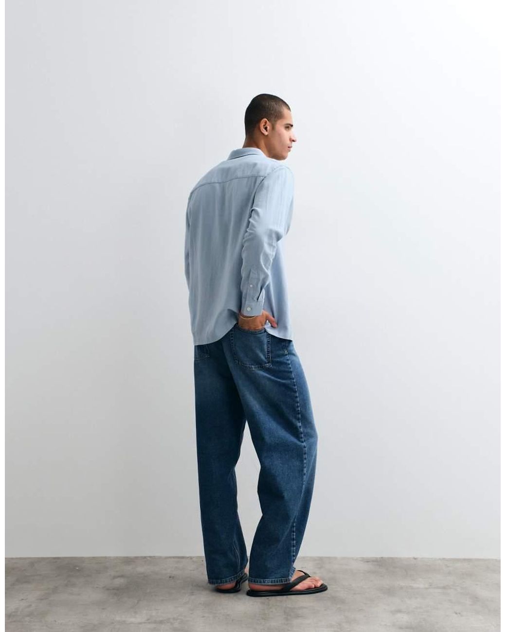 ASOS Blue Relaxed Linen Blend Shirt With Chest Embroidery for men