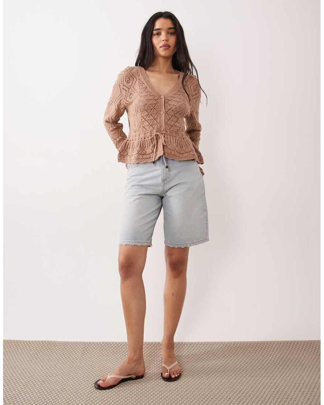 Miss Selfridge Brown Mix Crochet V-neck Peplum Hem Cardigan
