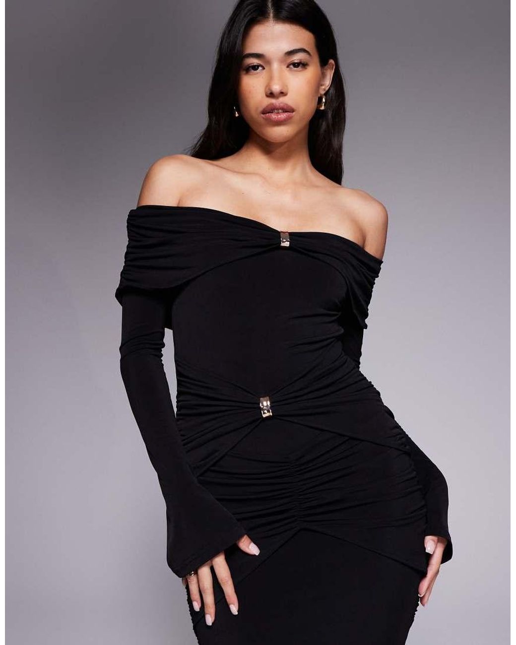 Ruched & Ready Black Sculpted Off Shoulder Hardware Detail Ruched Bodycon Maxi Dress