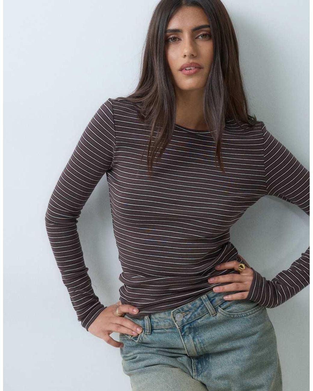 Gina Tricot Brown Jersey Rib Round Neck Long Sleeve Top
