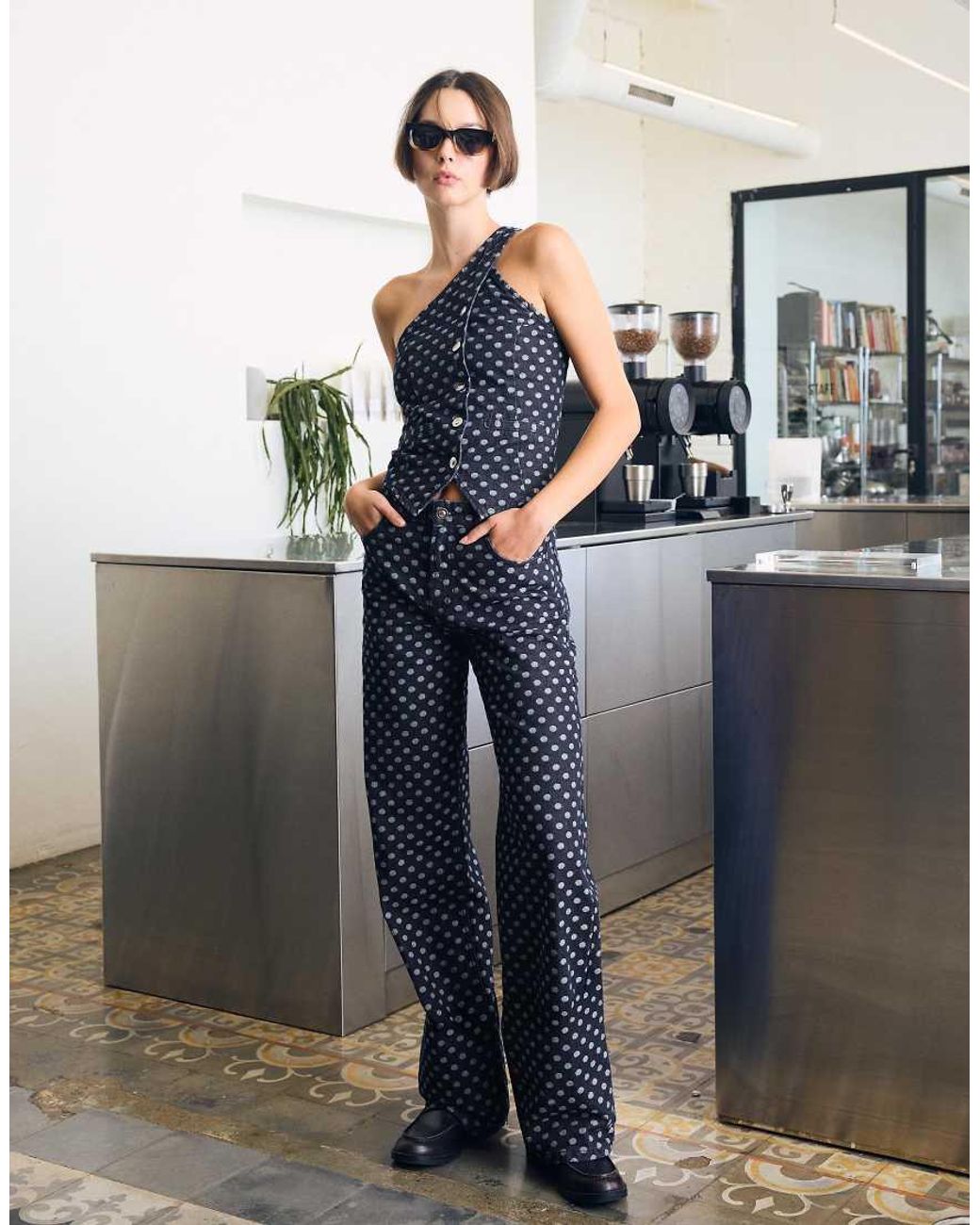 Bershka Blue Asymmetric Polka Dot Denim Top