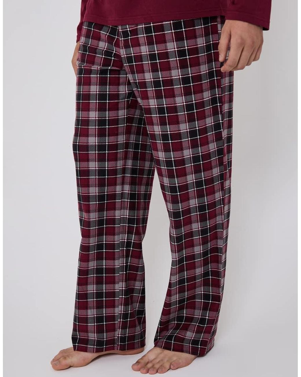 Loungeable Red Pyjamas Jersey Top With Micro Fleece Check Trousers Set for men