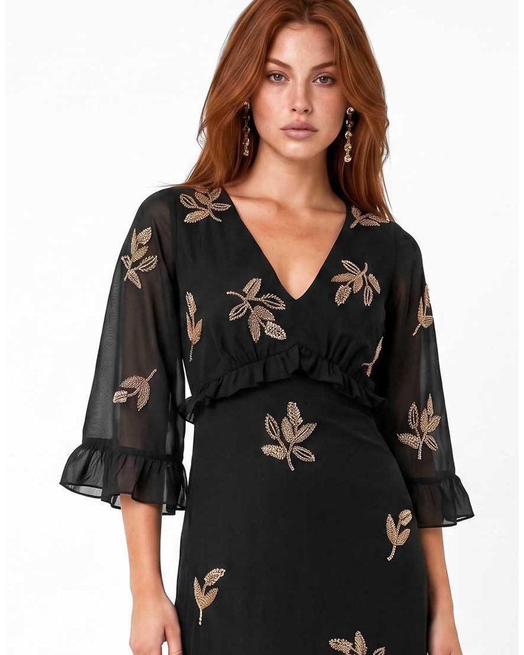 Maya Black Leaf Embellished 3/4 Bell Sleeve Maxi Dress
