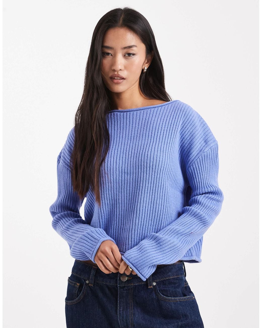 Wide Rib Sweater Asos ASOS Crew Neck Boxy Ribbed Sweater With Rolled Edge in Blue | Lyst Canada
