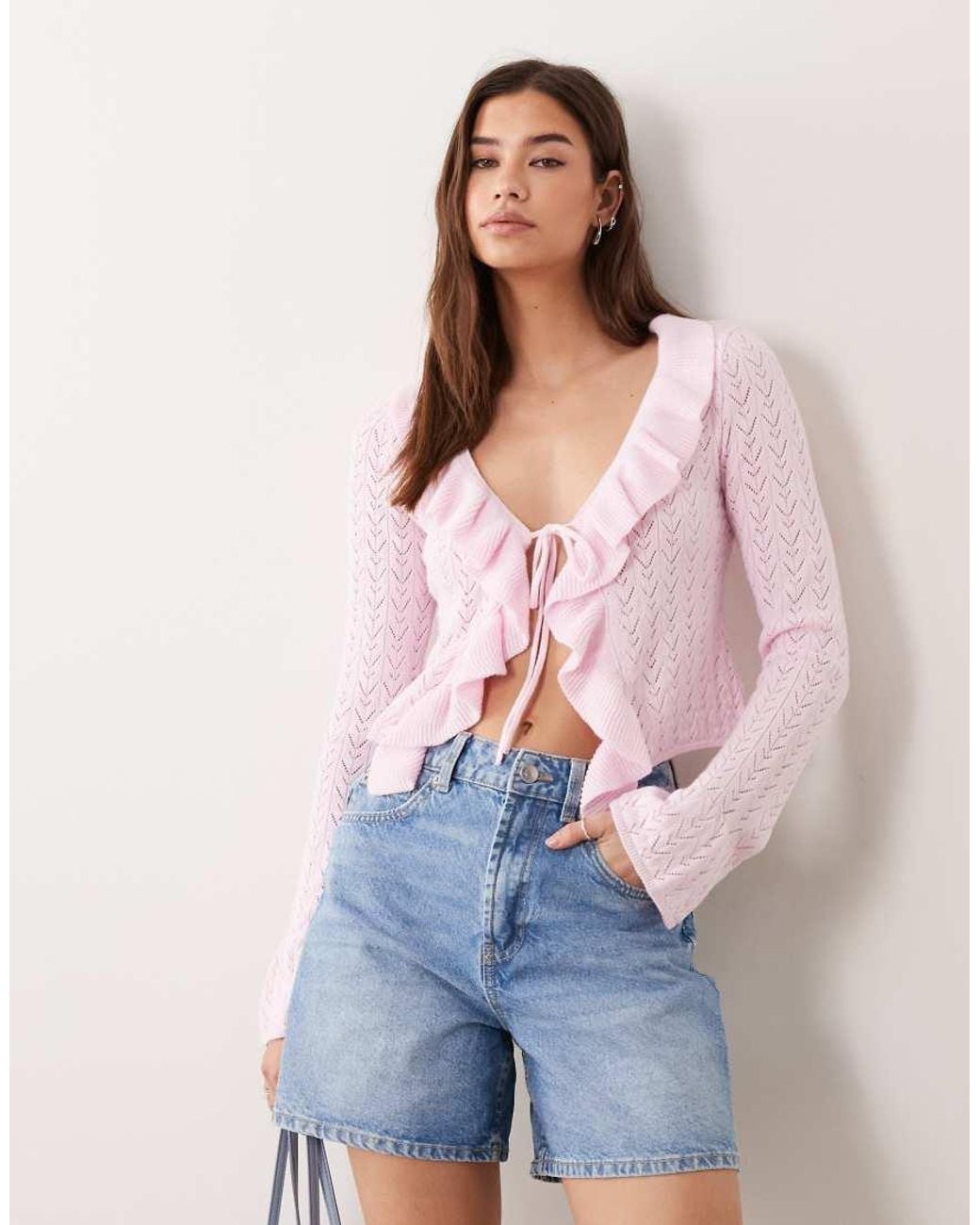 Miss Selfridge White Frill Knitted Tie Front Cardigan