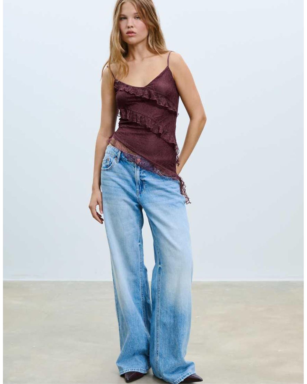 Stradivarius Purple Asymmetric Lace Top With Ruffles