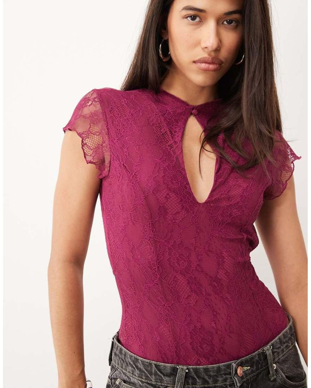 ASOS Red Lace Bodysuit With Flutter Sleeve