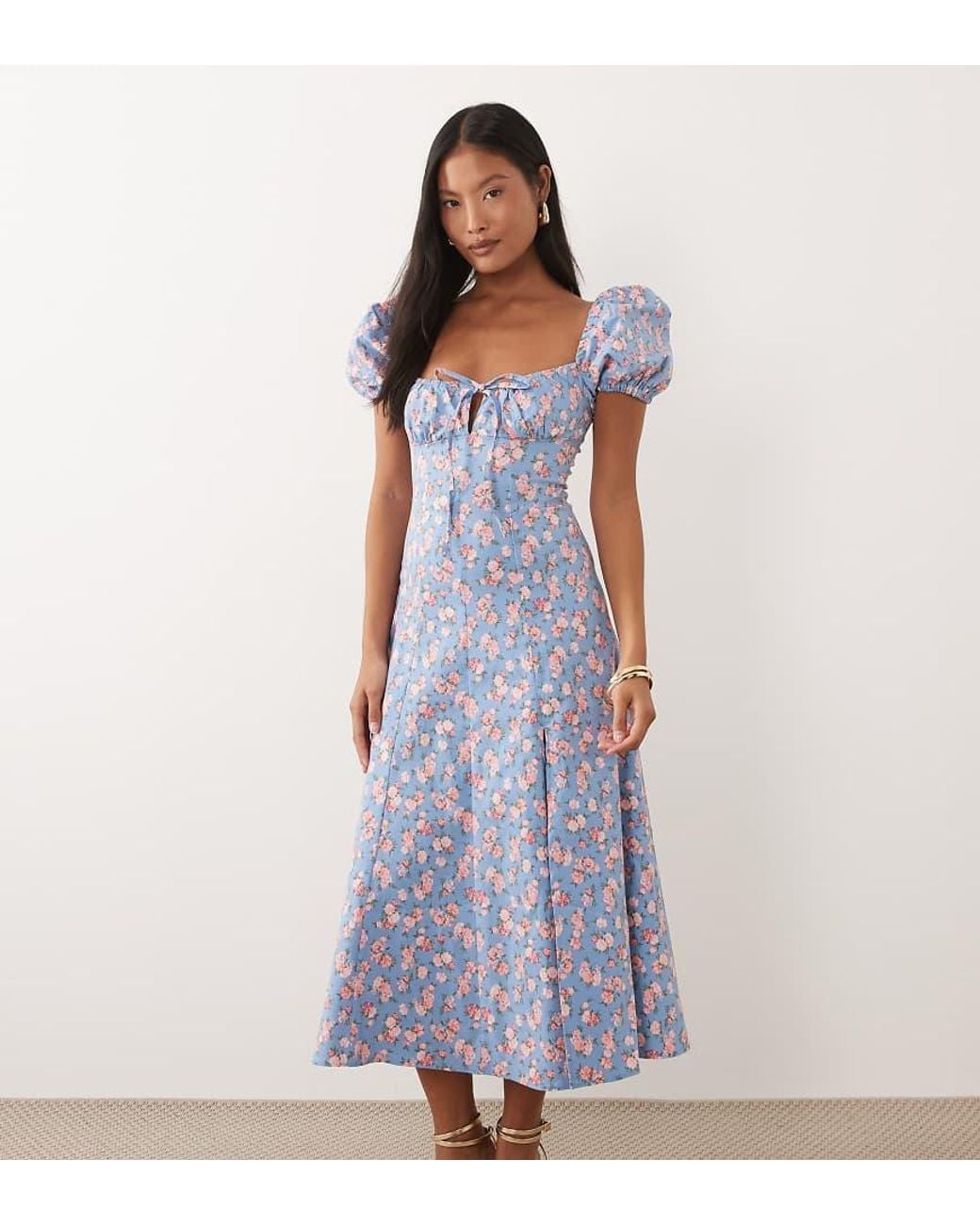 New Look Blue Floral Bouquet Milkmaid Midi Dress