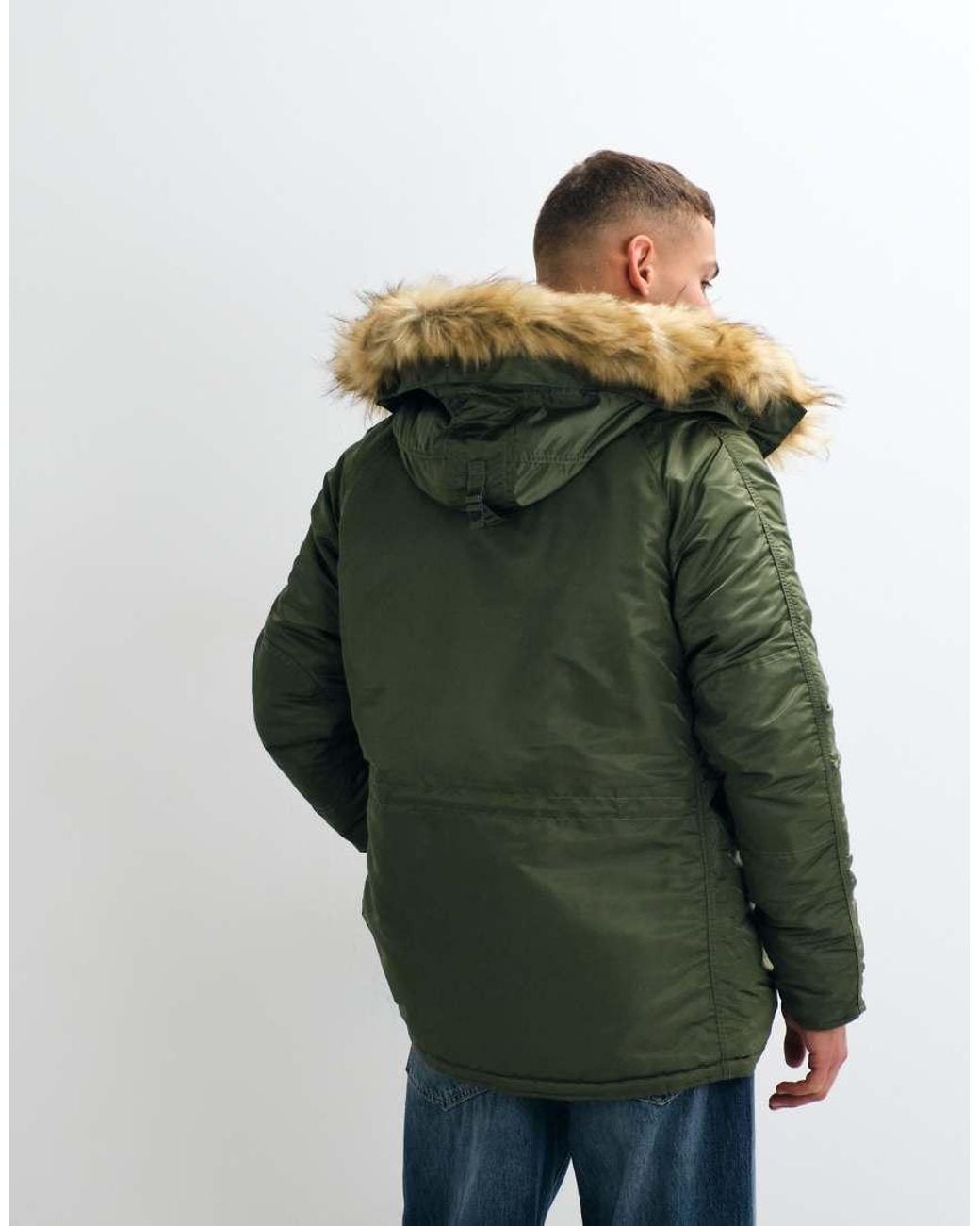 Alpha Industries Green Faux Fur Hooded Bomber Jacket for men