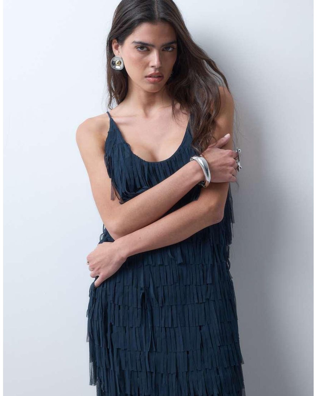 ASOS Blue Cami Cutout Back Ribbon Fringe Maxi Dress