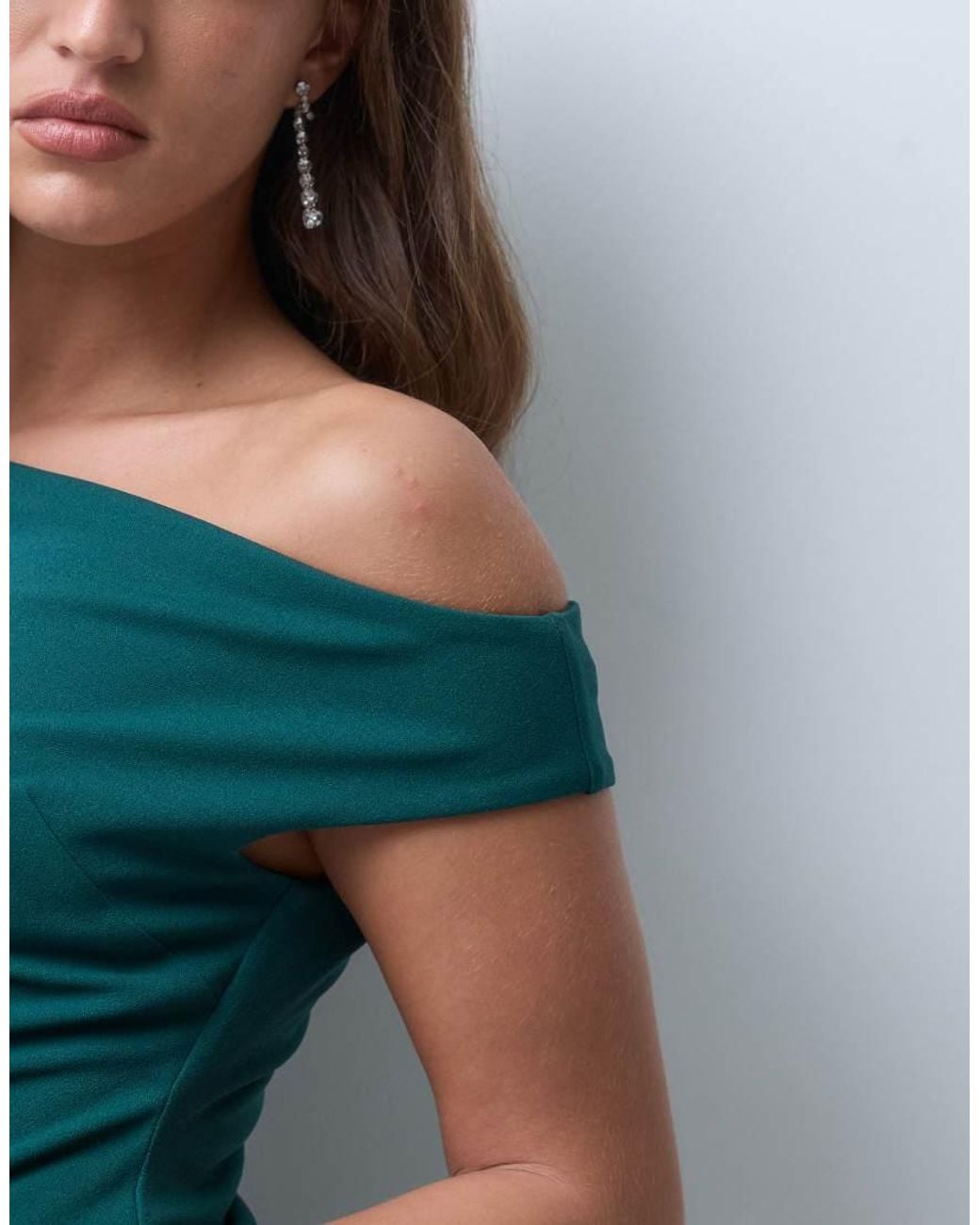 ASOS Green Off Shoulder Maxi Dress With Twisted Drape Skirt