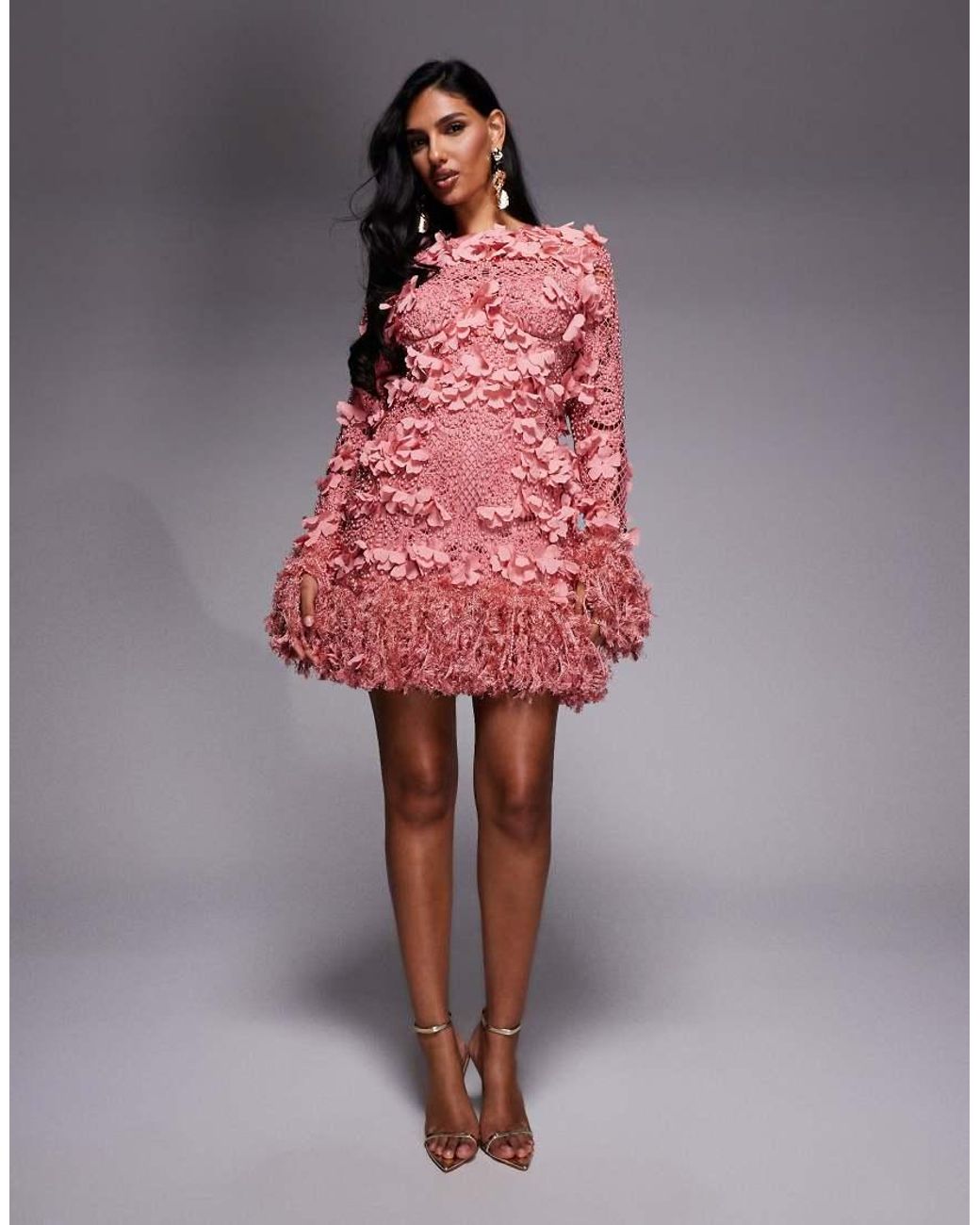 ASOS Pink 3D Floral Embellished Broderie Mini Dress With Faux Feather Trim