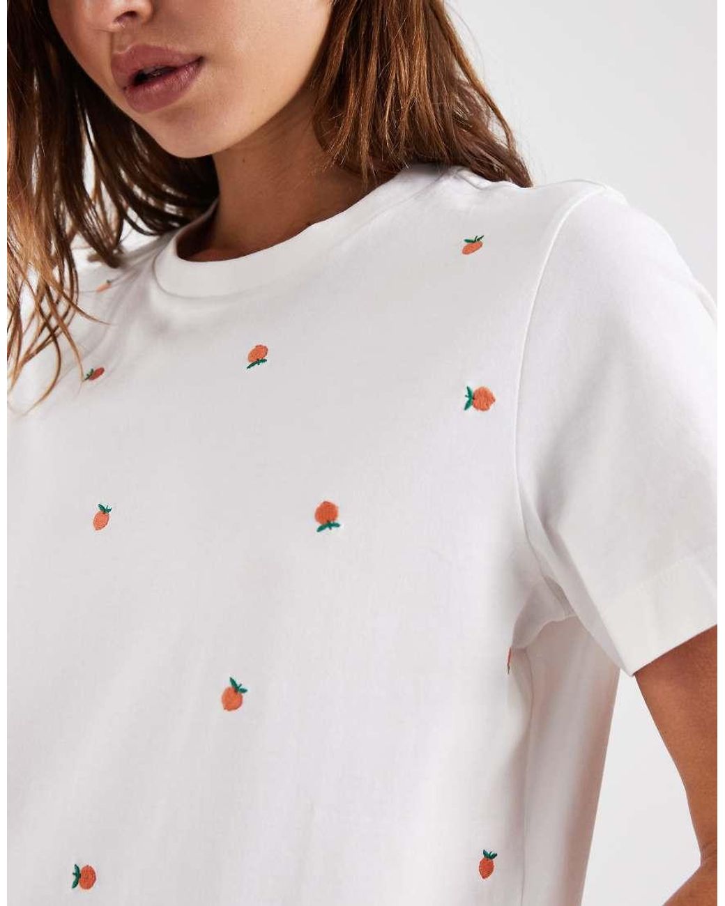 Vero Moda White All Over Peach Graphic Embroidered Boxy T-shirt