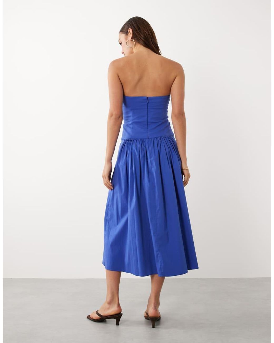 Mango Blue Starring Hailey Bieber Structured Off Shoulder Drop Waist Maxi Dress