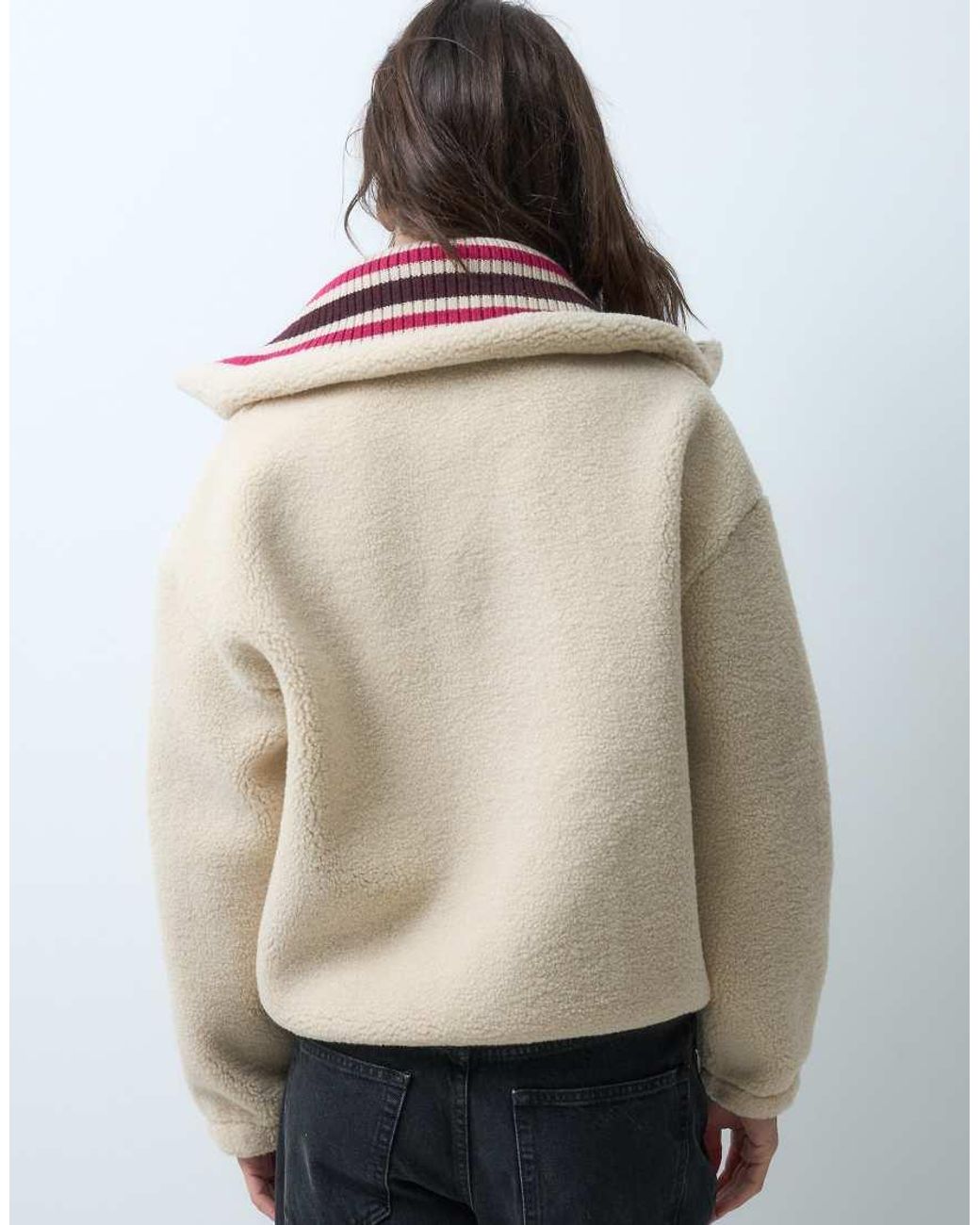 Lacoste Natural Oversized Striped Knit Collar Zip Up Fleece