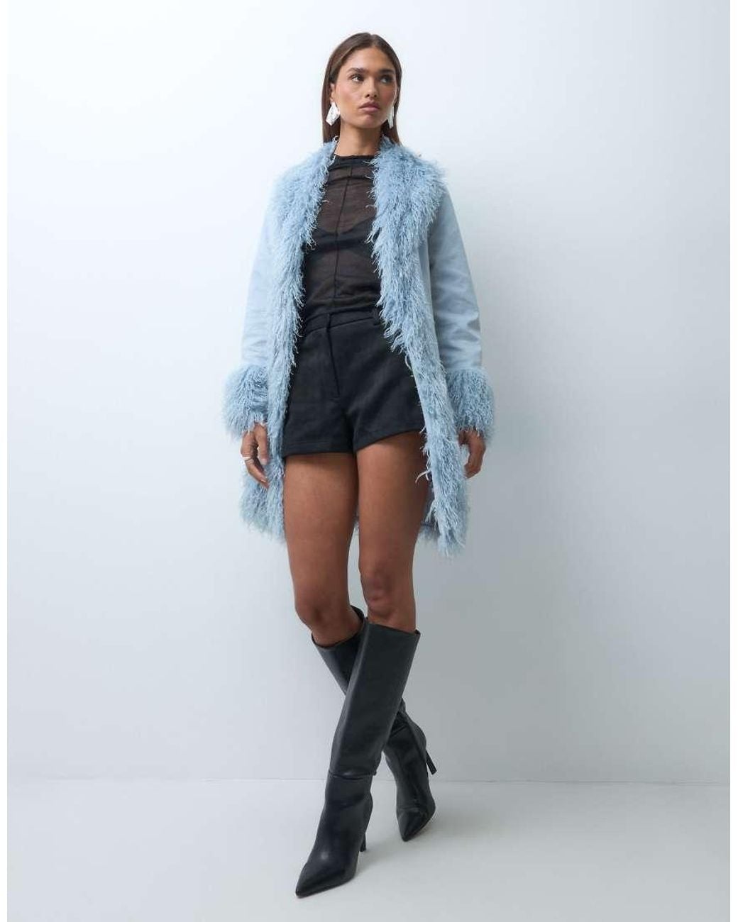 The Frolic Blue Exclusive Faux Fur Trim Penny Lane Maxi Coat