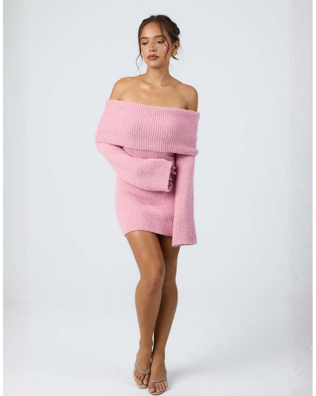 Aria Cove Pink Knitted Bardot Mini Jumper Dress