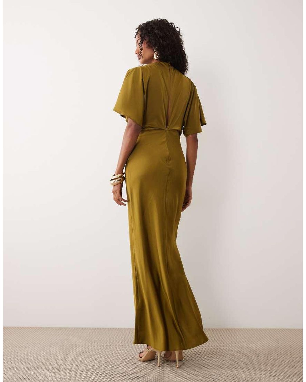 ASOS Metallic Satin High Neck Blouson Maxi Dress With Flutter Sleeve