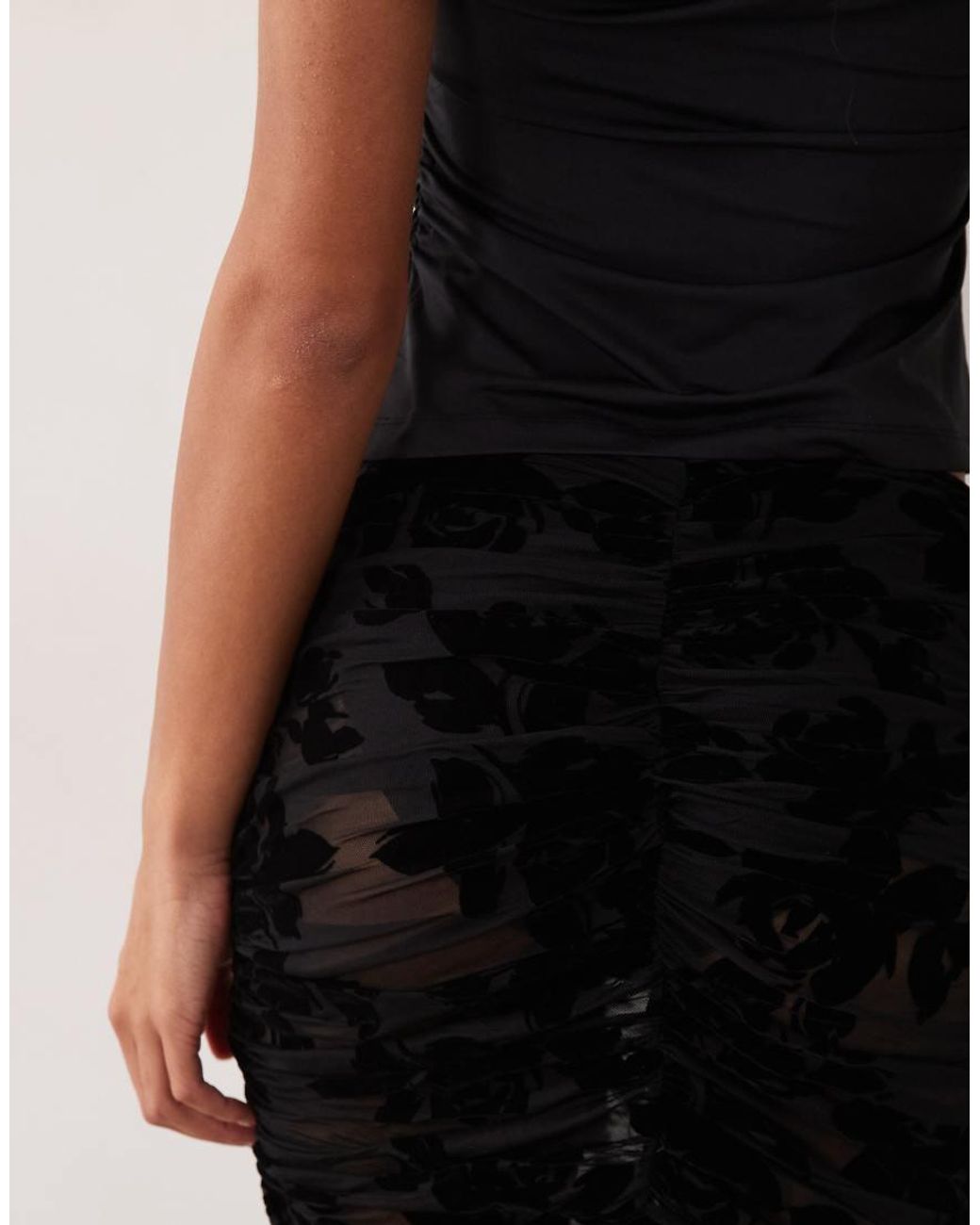 AFRM Black Flocked Mesh Mid Rise Elasticated Waistband Ruched Maxi Skirt