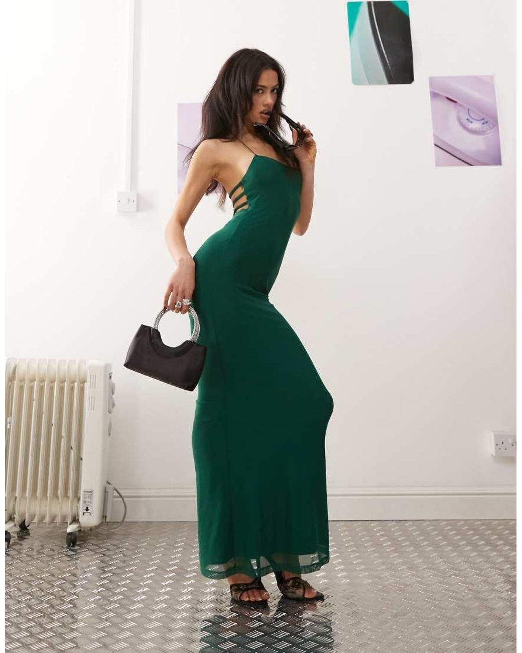 Princess Polly Halterneck Open Back Diamante Buckle Strap Detail Mesh Maxi  Dress in Green