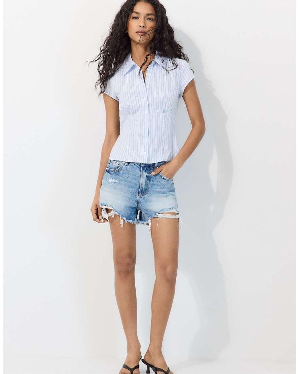 Stradivarius Blue Short Sleeve Shirt With Underbust Seam