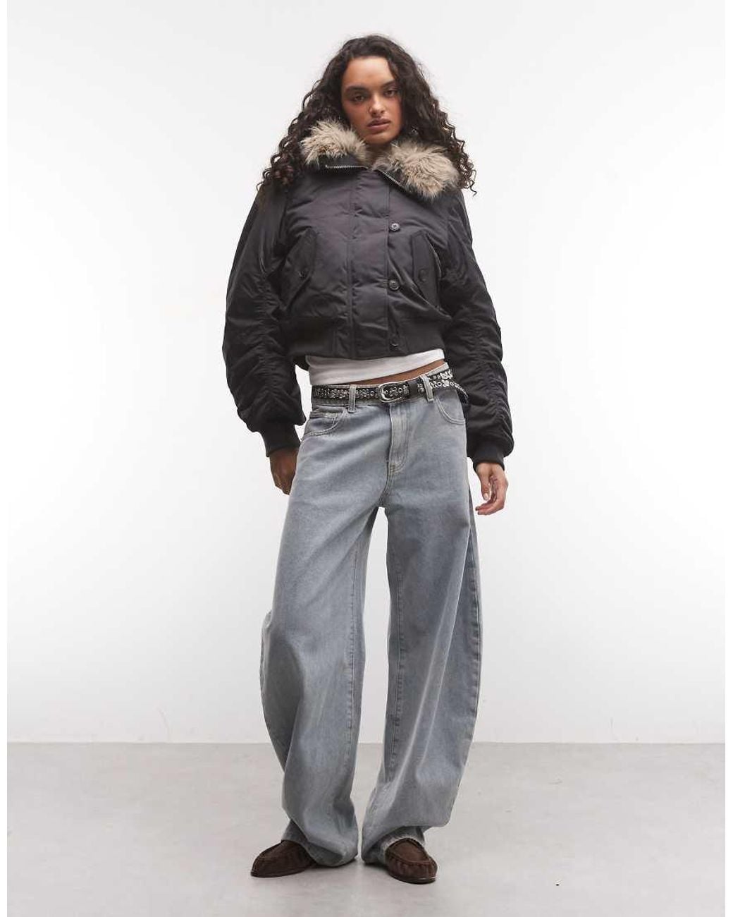 Weekday Gray Cropped Bomber Jacket With Faux Fur Zip Hoodin Dark