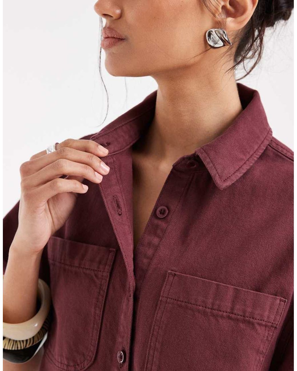 ASOS Red Denim Boxy Shirt Dress With Pocket Detail